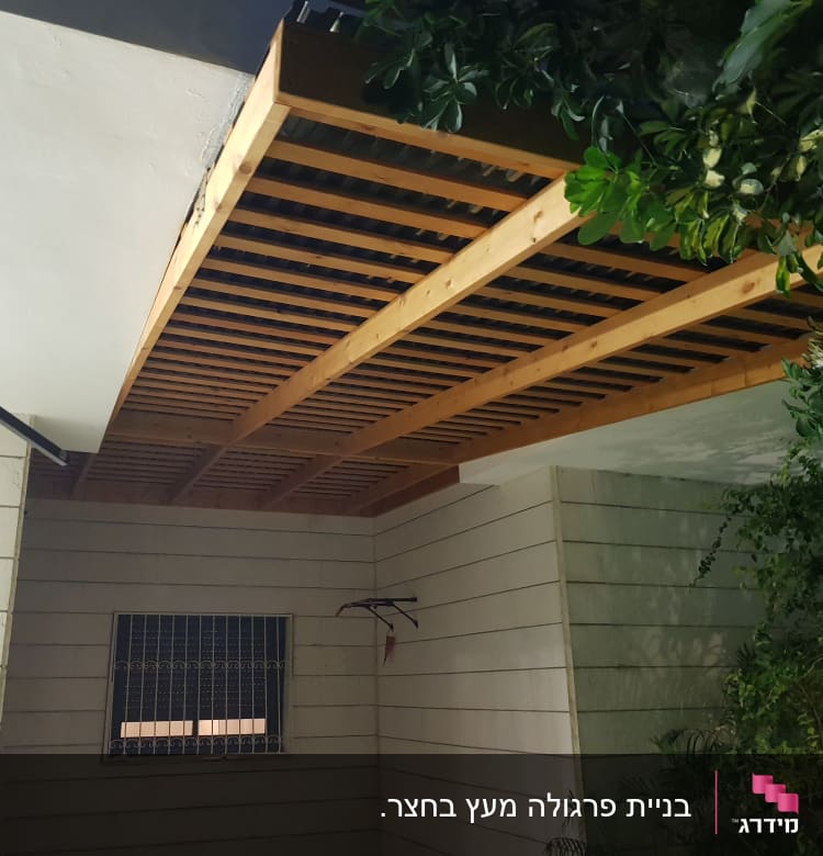 פרגולה מעץ עם צמחייה מסביב